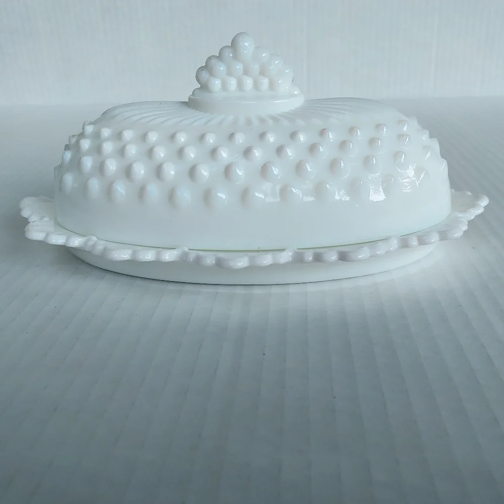 Vintage Milk Glass Butter Dish with Hobnail Detail VTG